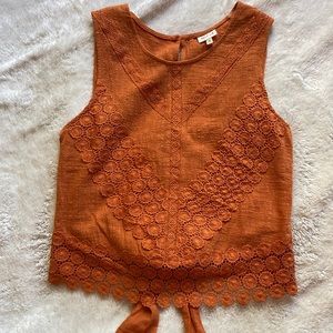 burnt orange crochet tie back top